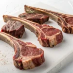 A close-up of fresh raw lamb chops with bone, arranged on a white cutting board, seasoned with black pepper and garnished with rosemary.