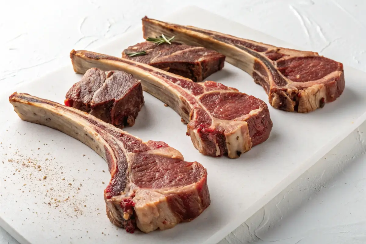 A close-up of fresh raw lamb chops with bone, arranged on a white cutting board, seasoned with black pepper and garnished with rosemary.