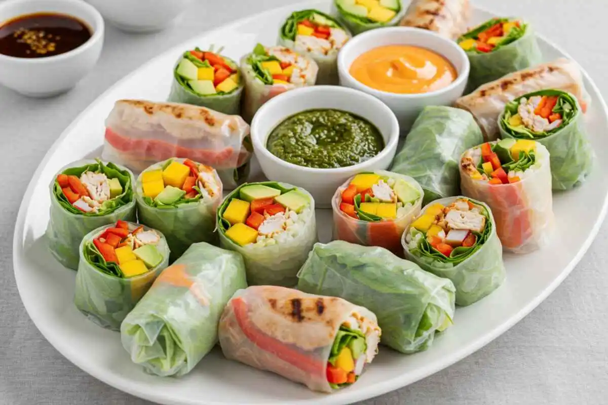 A variety of fusion rice paper rolls with avocado, grilled chicken, and mango served with dipping sauces.