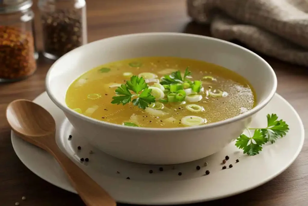 A steaming bowl of homemade bone broth garnished with fresh parsley and green onions, served in a rustic setting