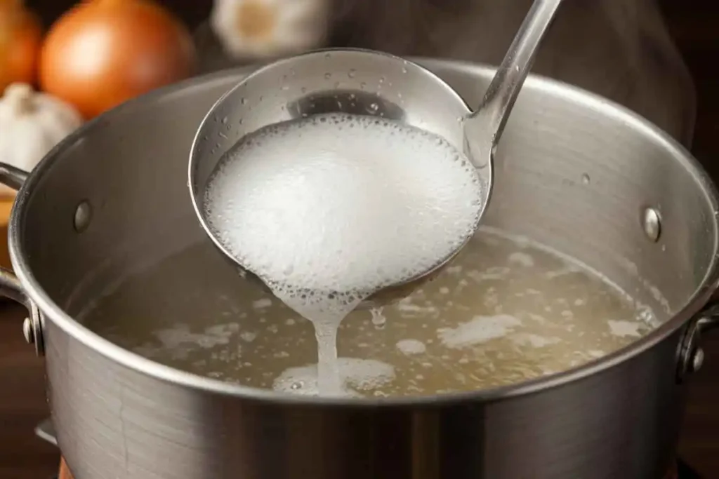  A ladle removing impurities from the surface of a simmering pot of bone broth to ensure a clear and clean soup.