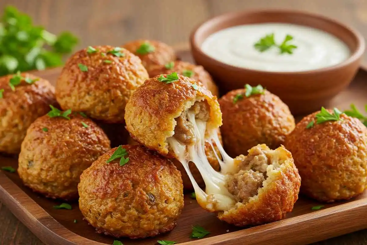 Golden-brown sausage balls served on a wooden tray, garnished with parsley and paired with a bowl of dipping sauce.