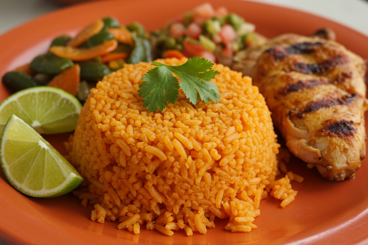 A plate of fluffy and vibrant Mexican rice garnished with cilantro,