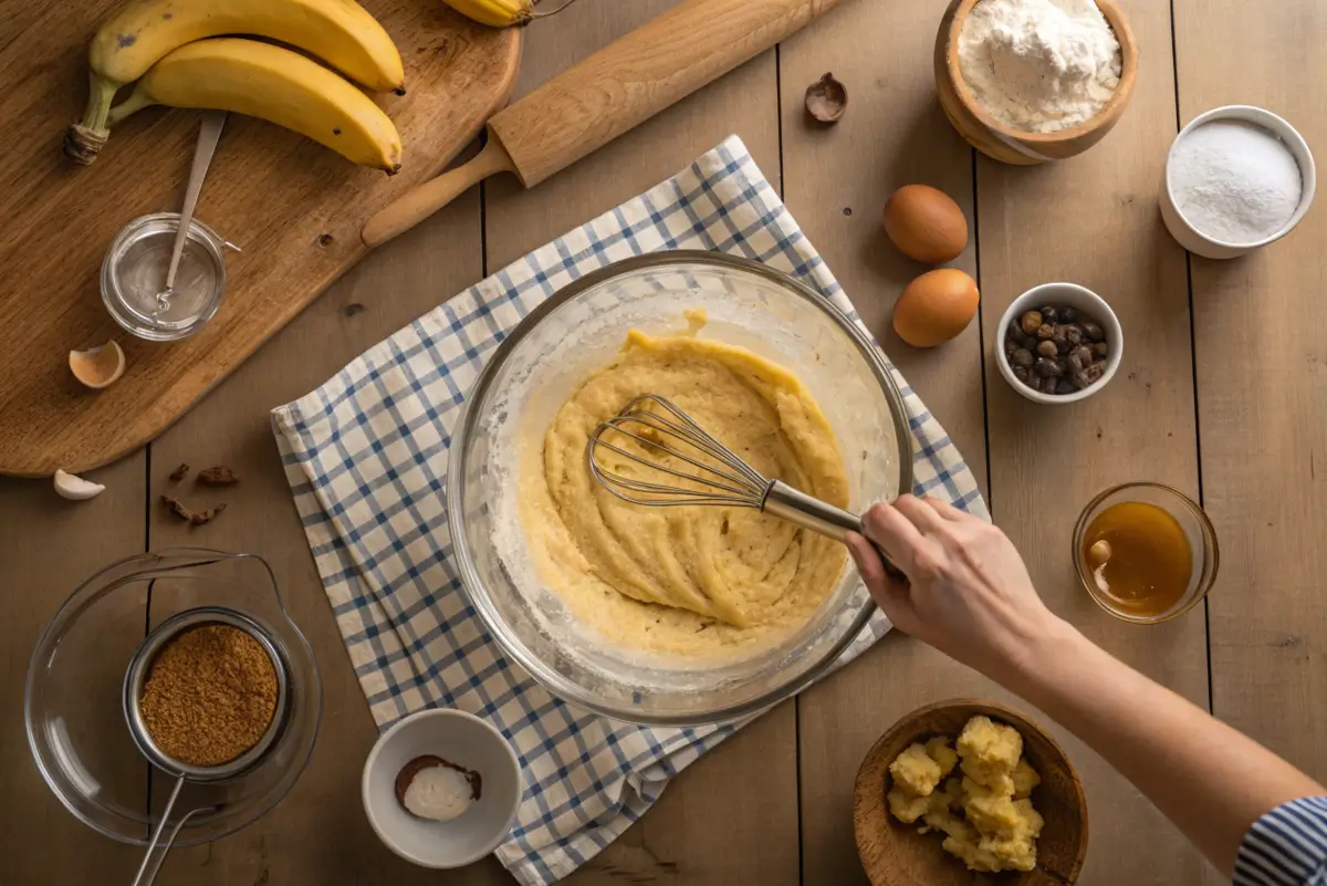 A hand whisking banana bread batter in a bowl surrounded by ripe bananas, eggs, flour, and other baking ingredients on a wooden table.