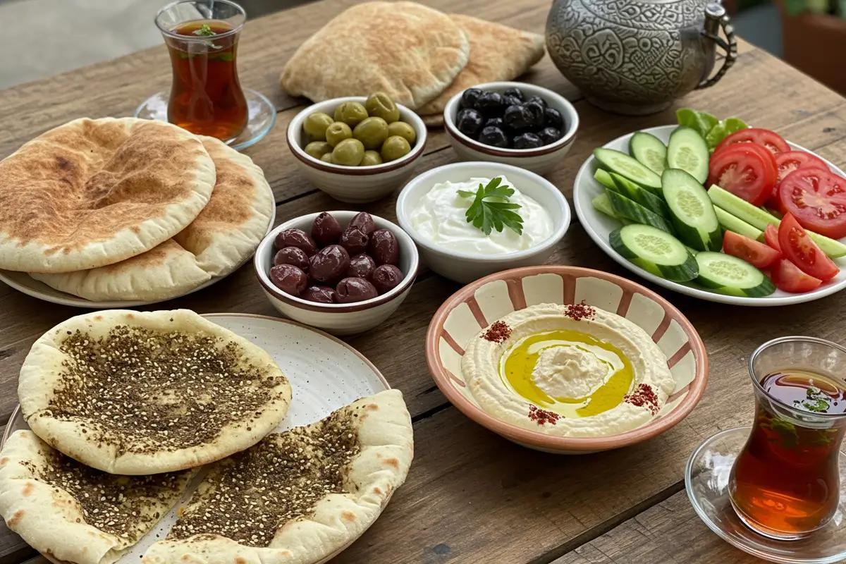 Traditional Arabic Breakfast Spread with Pita, Za’atar, Hummus, and Tea