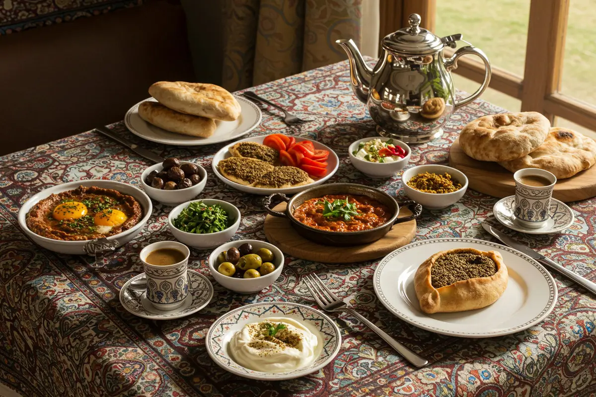 Traditional Middle Eastern Breakfast with Shakshuka, Flatbread, and Fresh Condiments