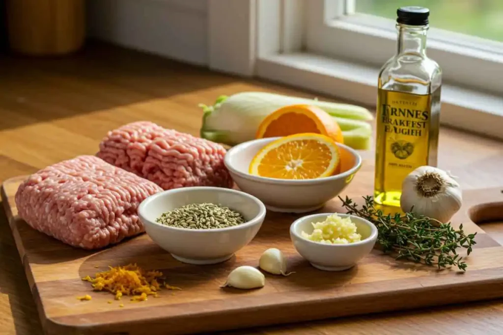 Rustic kitchen counter with ground chicken, fennel seeds, orange zest, garlic, and thyme for orange fennel chicken sausage.