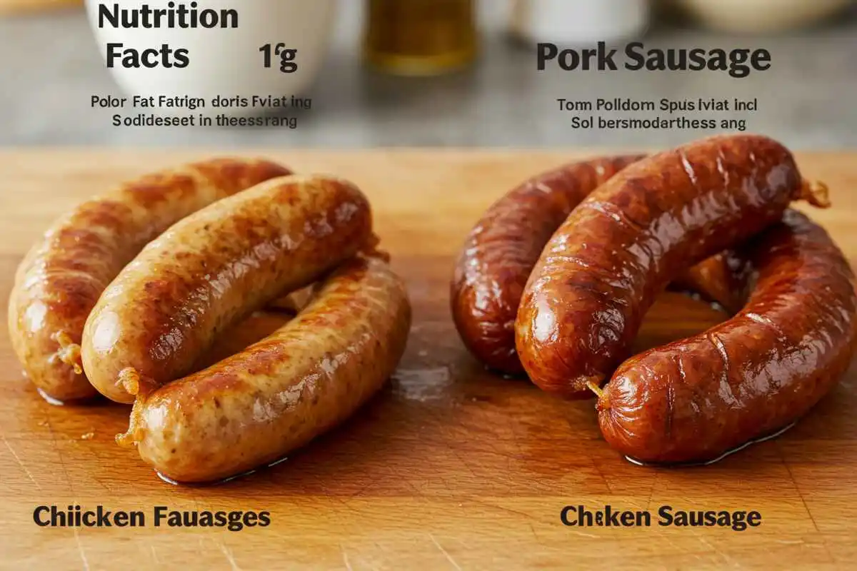 A comparison image showing the differences between chicken and pork sausage, with nutrition labels displayed above each