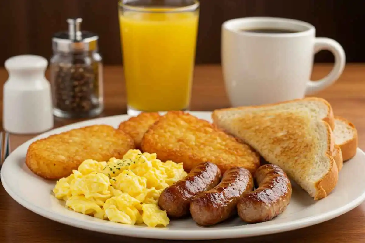 Classic breakfast plate with sausage links, eggs, and hash browns