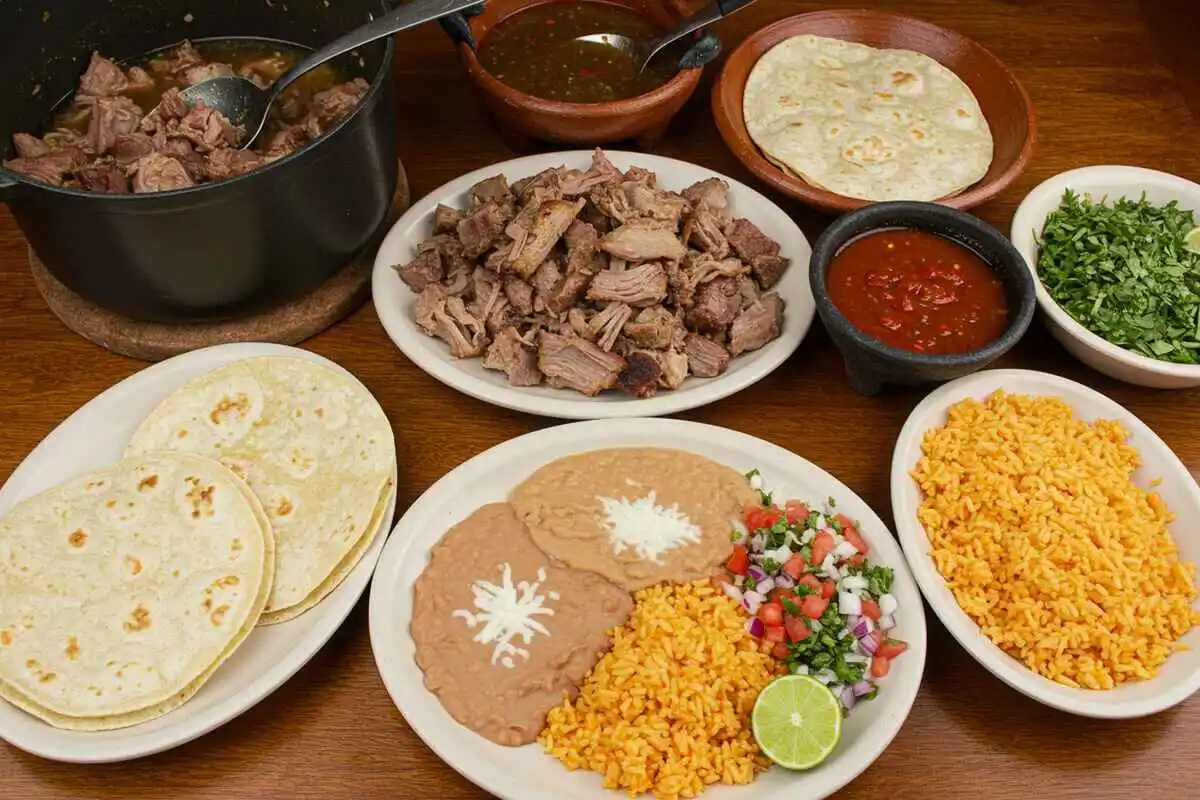 A traditional carnitas meal with tender pork, warm tortillas, refried beans, Mexican rice, pico de gallo, salsa, and cilantro on a wooden table.