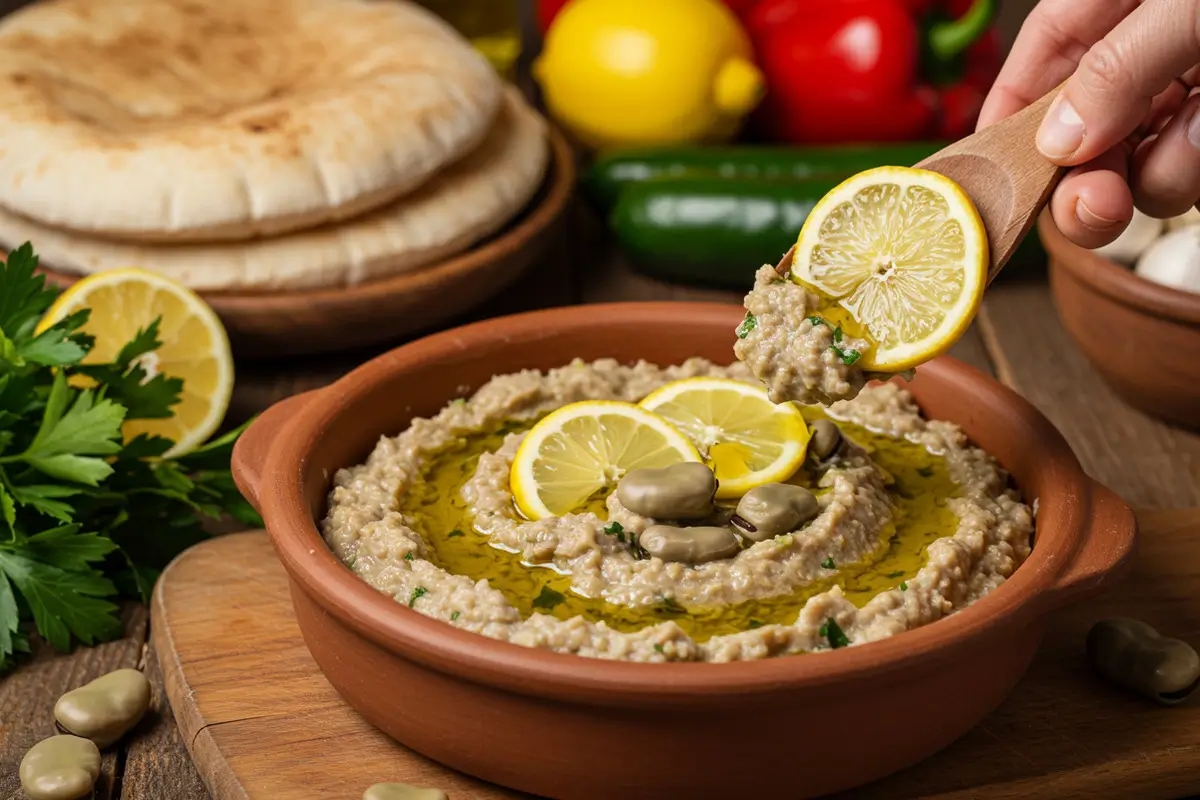 Foul Medames Garnished with Lemon and Olive Oil