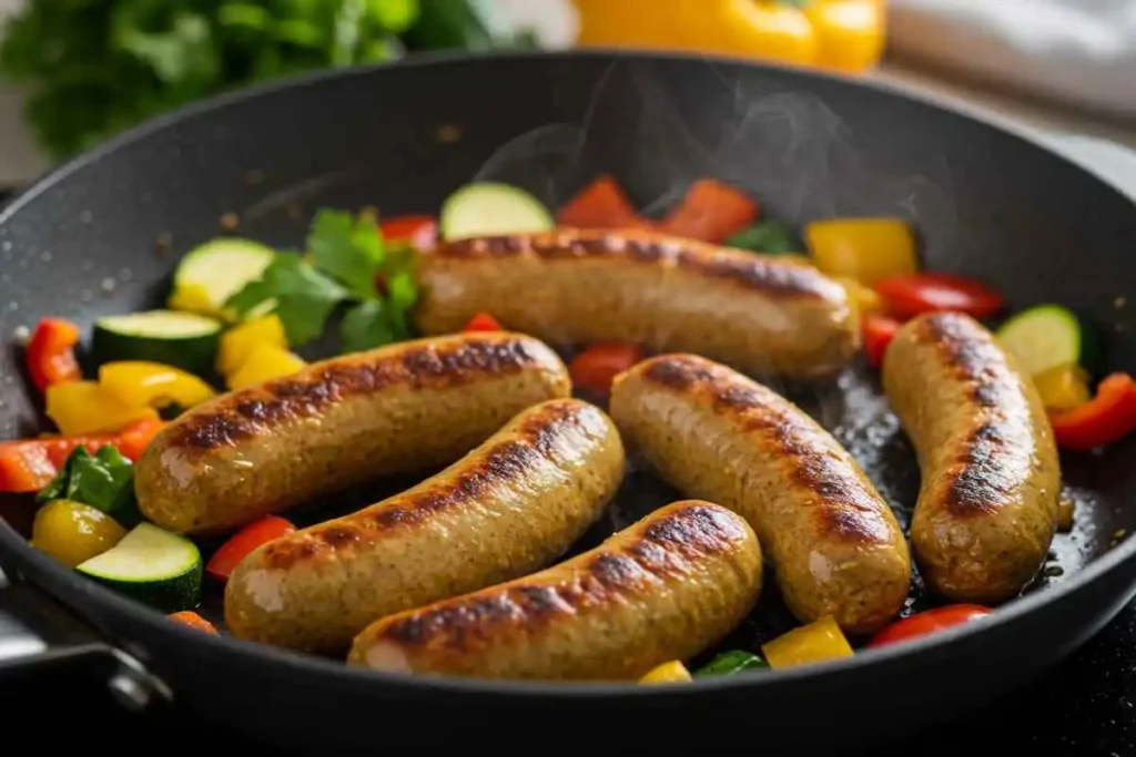 Plant-based breakfast sausage links cooking in a skillet 