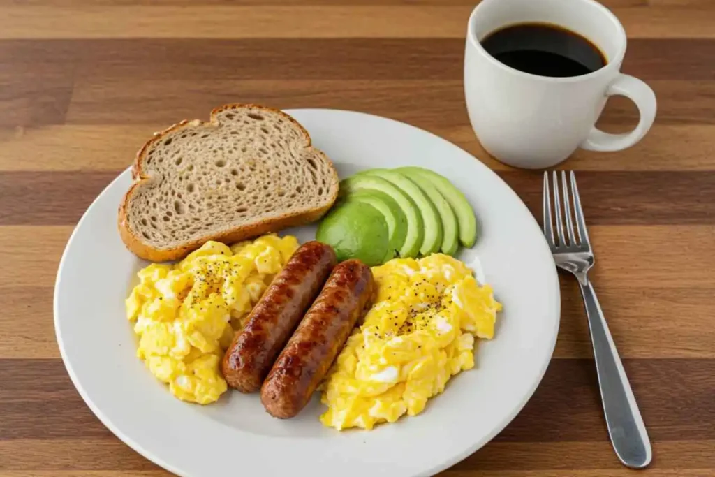  A healthy breakfast plate featuring chicken sausage, eggs, whole-wheat toast, and avocado slices on a wooden table.