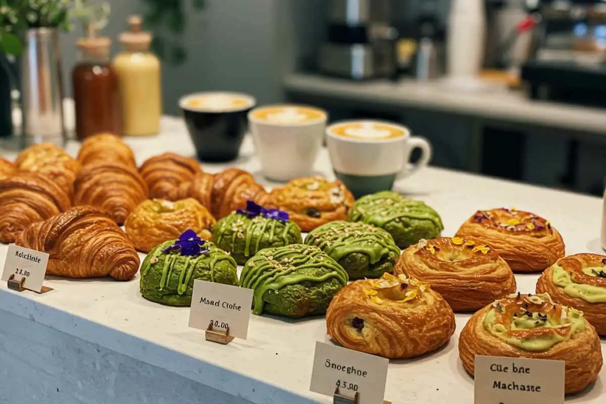 A modern café display featuring flaky croissants, matcha danishes, and pastries with edible flowers alongside cups of latte art.