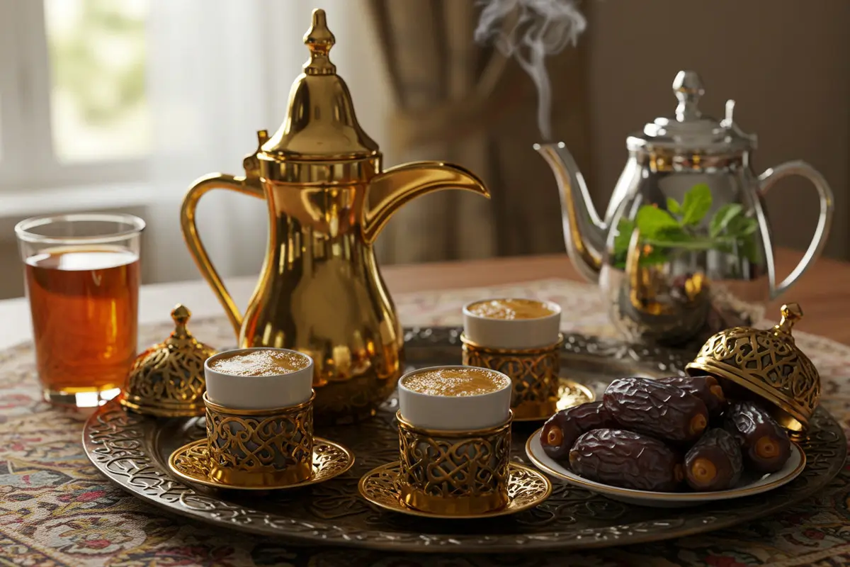 Traditional Arabic Coffee and Tea Service with Dates