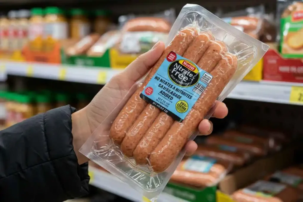  A shopper holding a nitrate-free, low-sodium chicken sausage pack in a grocery store aisle with other healthy foods in the background.