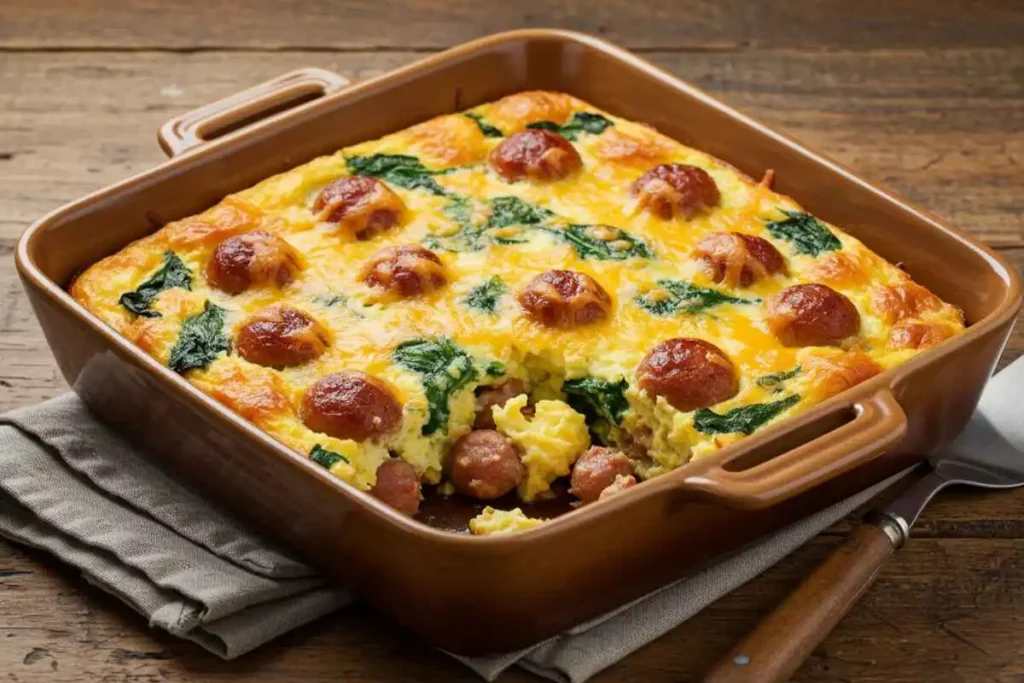 Breakfast casserole with sausage links, eggs, and spinach