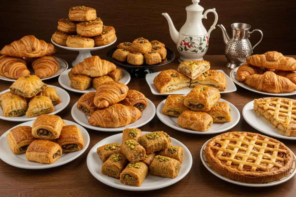 A global assortment of pastries, including croissants, baklava, spanakopita, and apple pie, displayed on a wooden table.