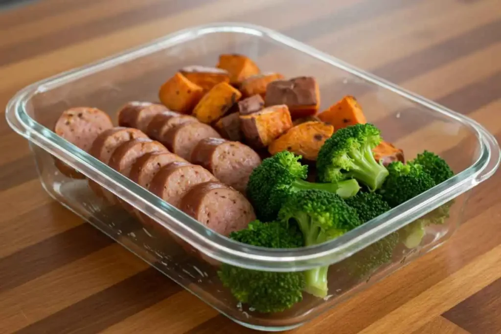  A healthy meal prep container with chicken sausage, sweet potatoes, and broccoli, neatly arranged for a balanced meal.