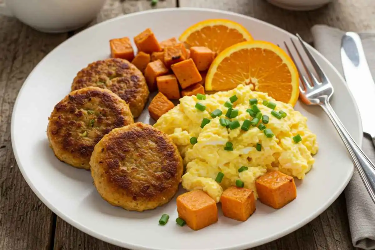 Plated orange fennel chicken sausage patties with scrambled eggs, roasted sweet potatoes, and fresh orange slices.