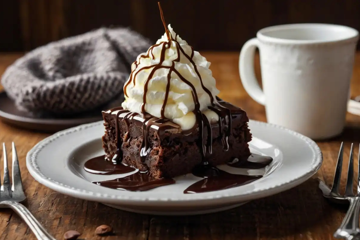 A fudgy brownie topped with whipped cream and drizzled with chocolate sauce, served on a white plate with a cup of coffee in the background.