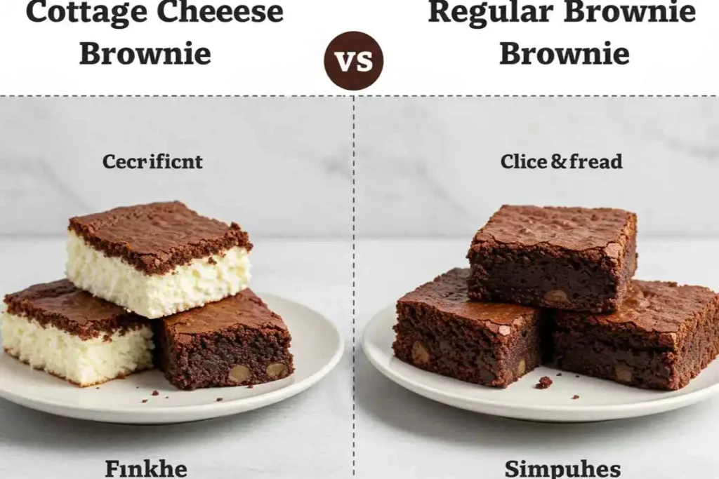 Side-by-side comparison of a cottage cheese brownie and a regular brownie on separate plates, highlighting differences in texture and density