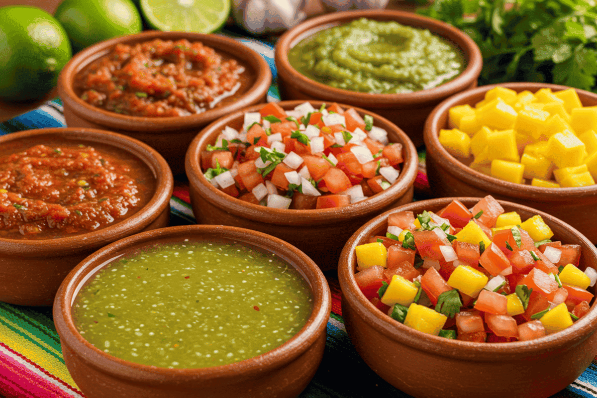 An assortment of colorful Mexican salsas in clay bowls, including salsa roja, salsa verde, pico de gallo, and mango salsa, displayed with fresh lime and cilantro in the background.