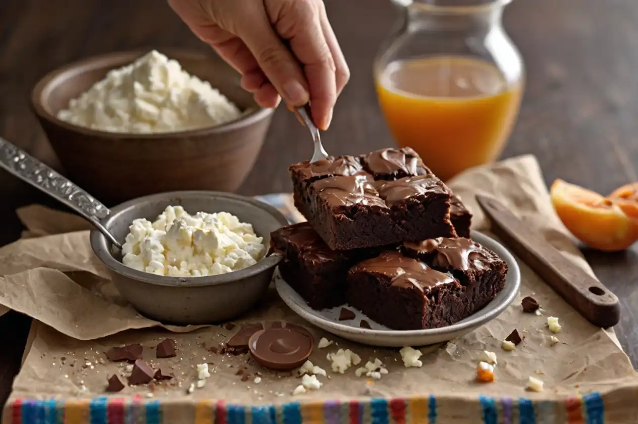  A plate of fudgy brownies with melted chocolate, surrounded by bowls of cottage cheese and ingredients, with a hand reaching for a slice.