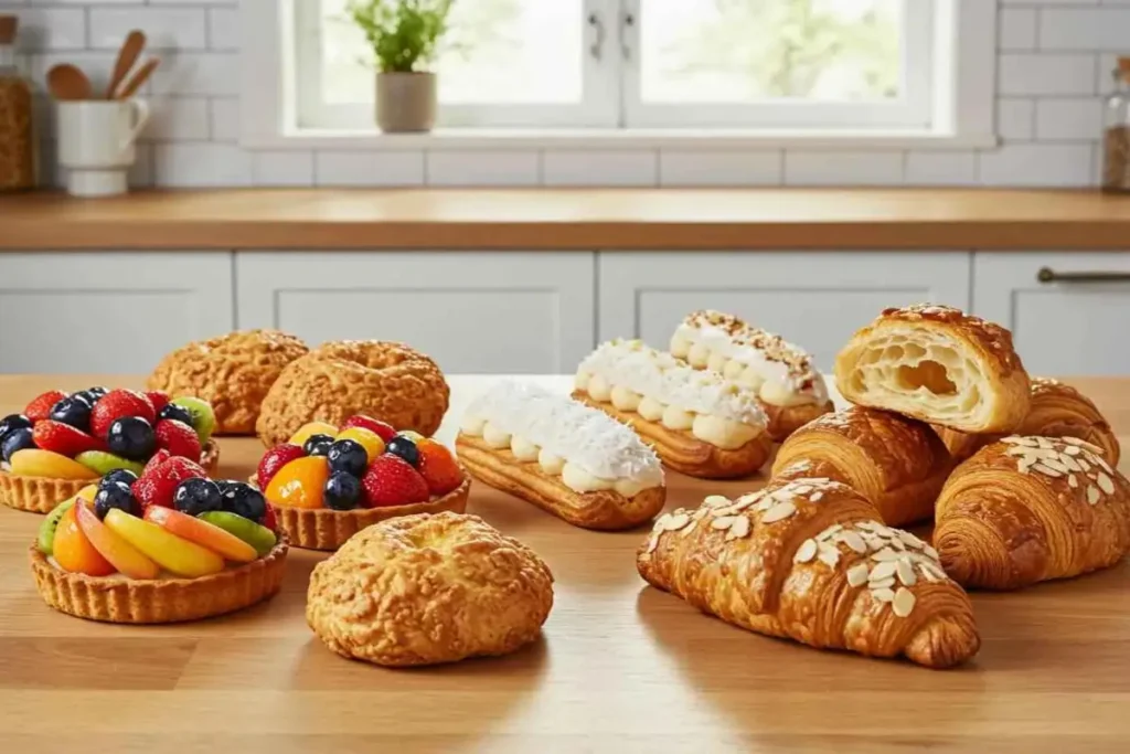 Plant-based pastries like vegan fruit tarts, almond croissants, and coconut cream éclairs on a modern counter.