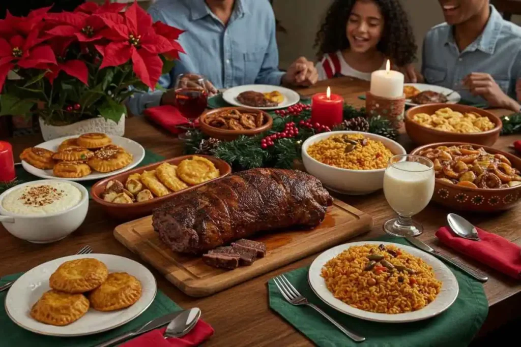 A festive Puerto Rican Christmas table featuring lechón asado, arroz con gandules, pasteles, and coquito, surrounded by holiday decorations.
