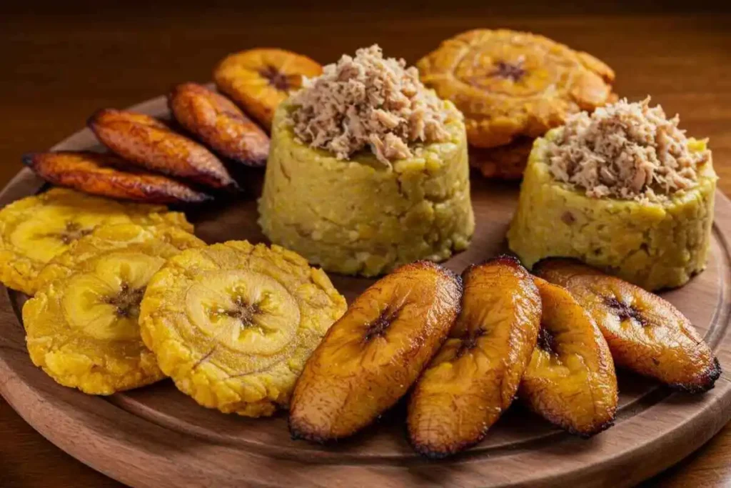 A wooden platter displaying tostones, mofongo, and amarillos, traditional Puerto Rican plantain-based dishes.