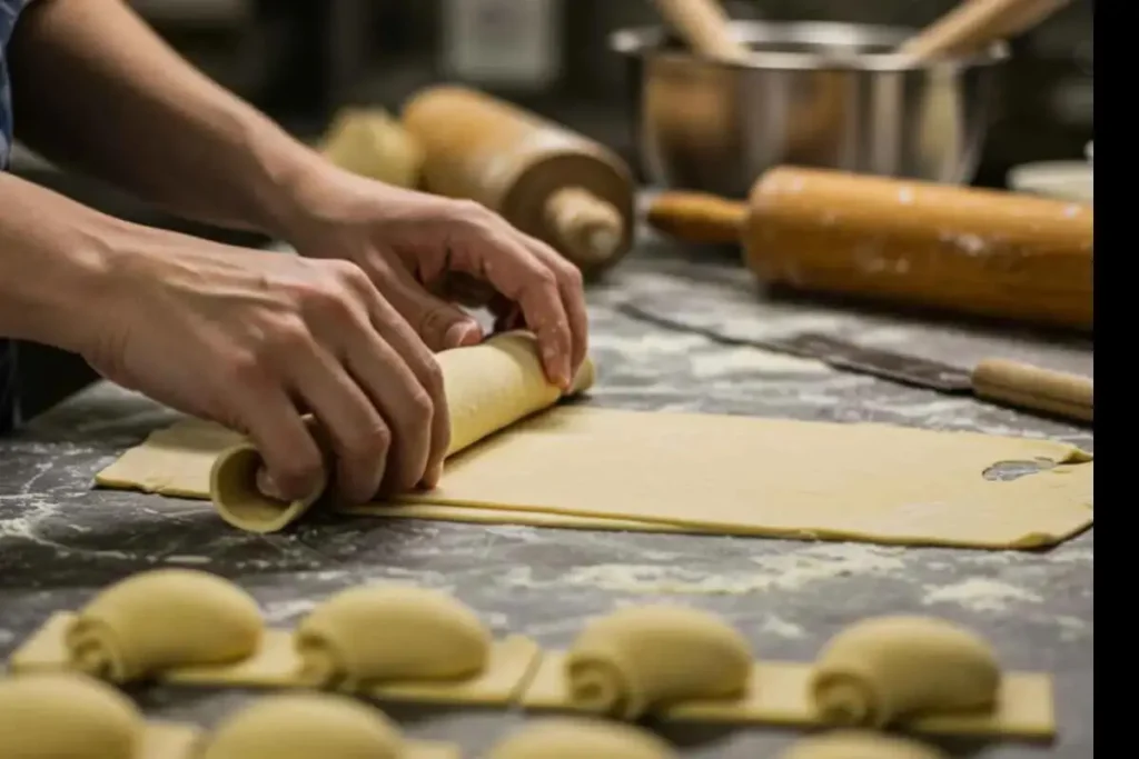 baker folding and rolling buttery puff pastry dough on a floured surface.