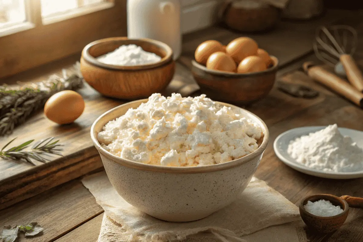 Fresh cottage cheese bowl surrounded by baking ingredients.