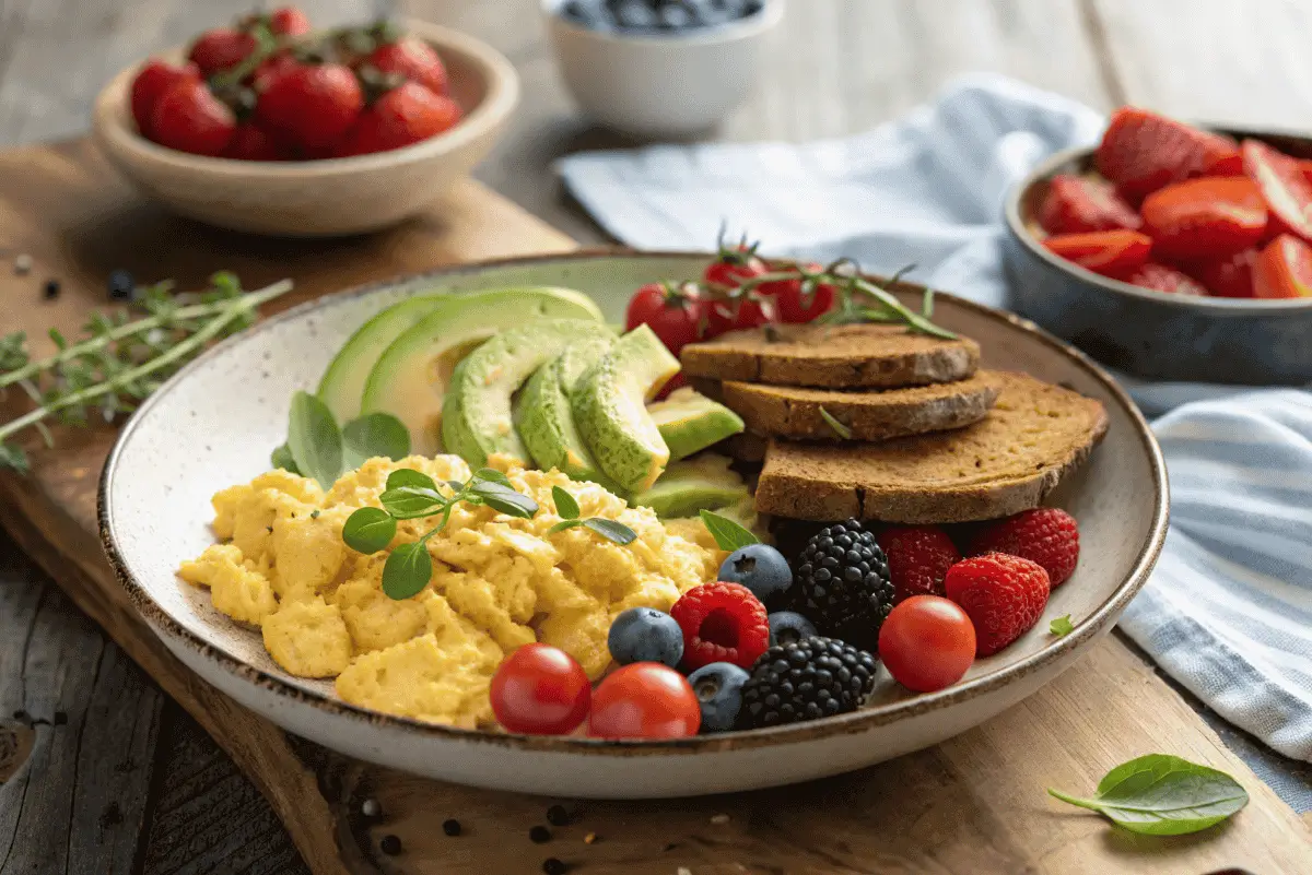 Healthy Breakfast Plate with Eggs and Fresh Sides