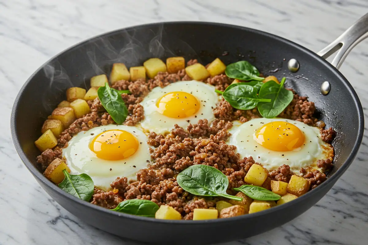 Hearty Skillet with Ground Beef, Sunny-Side-Up Eggs, and Potatoes