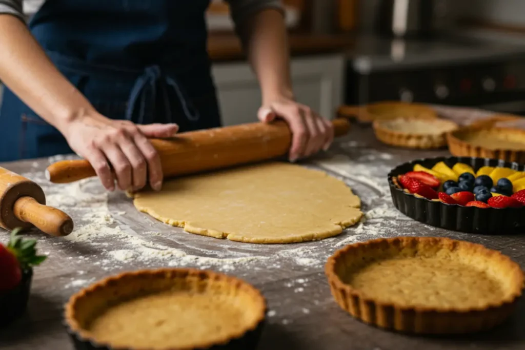 Baker rolling out shortcrust pastry dough on a floured surface with tart pans, fruits, and a rolling pin nearby.