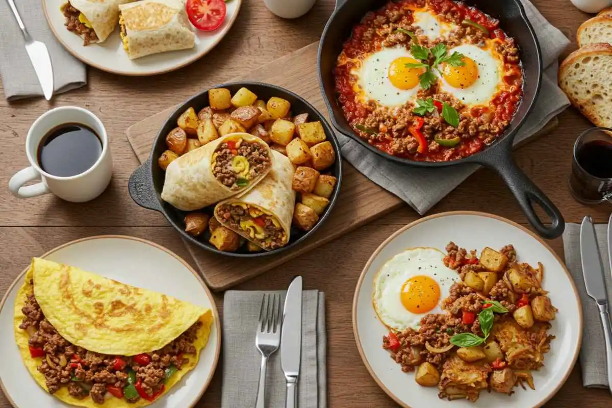 A beautifully arranged breakfast spread featuring a beef breakfast burrito, beef breakfast hash in a cast-iron skillet, shakshuka with ground beef,