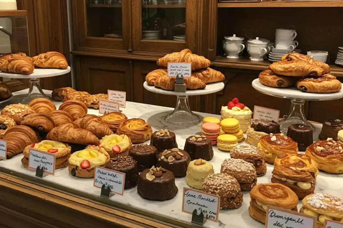 A display of classic French pastries, including croissants, éclairs, macarons, and mille-feuille, in a Parisian bakery.