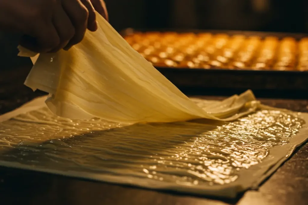 Thin sheets of filo pastry being brushed with melted butter, with golden-brown baklava in the background.