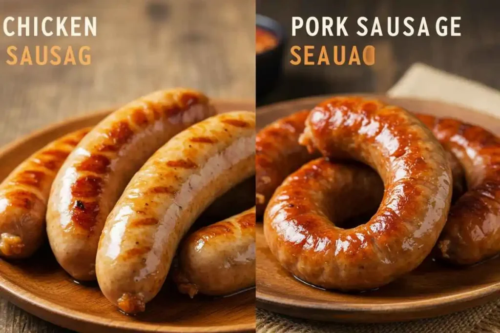  A side-by-side comparison of chicken and pork sausage, showing differences in fat content and texture.

