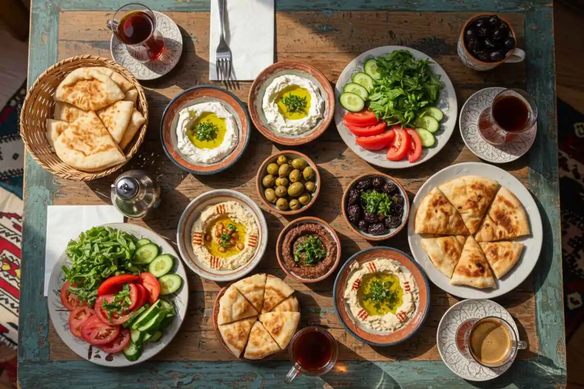 A beautifully arranged Lebanese breakfast spread featuring manakish, labneh with olive oil, ful medames, hummus, fresh vegetables, and Arabic coffee on a rustic table.