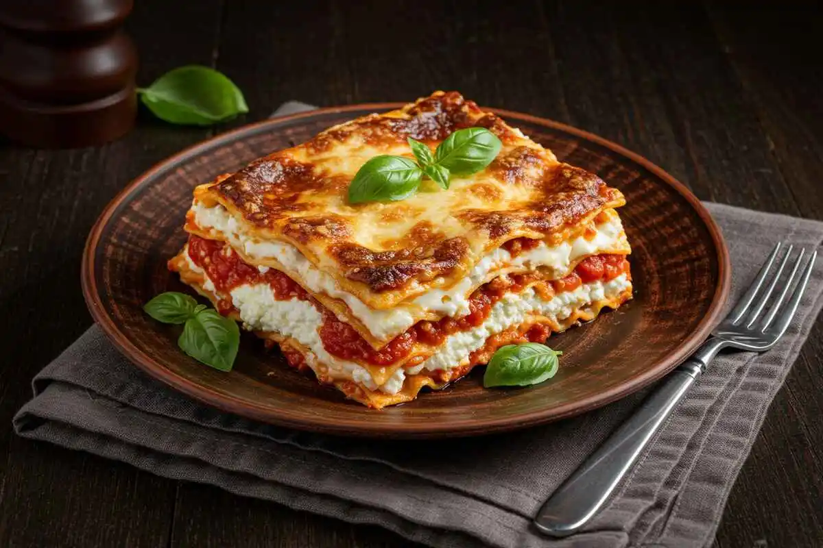 Lasagna with layers of cottage cheese, tomato sauce, and melted cheese.