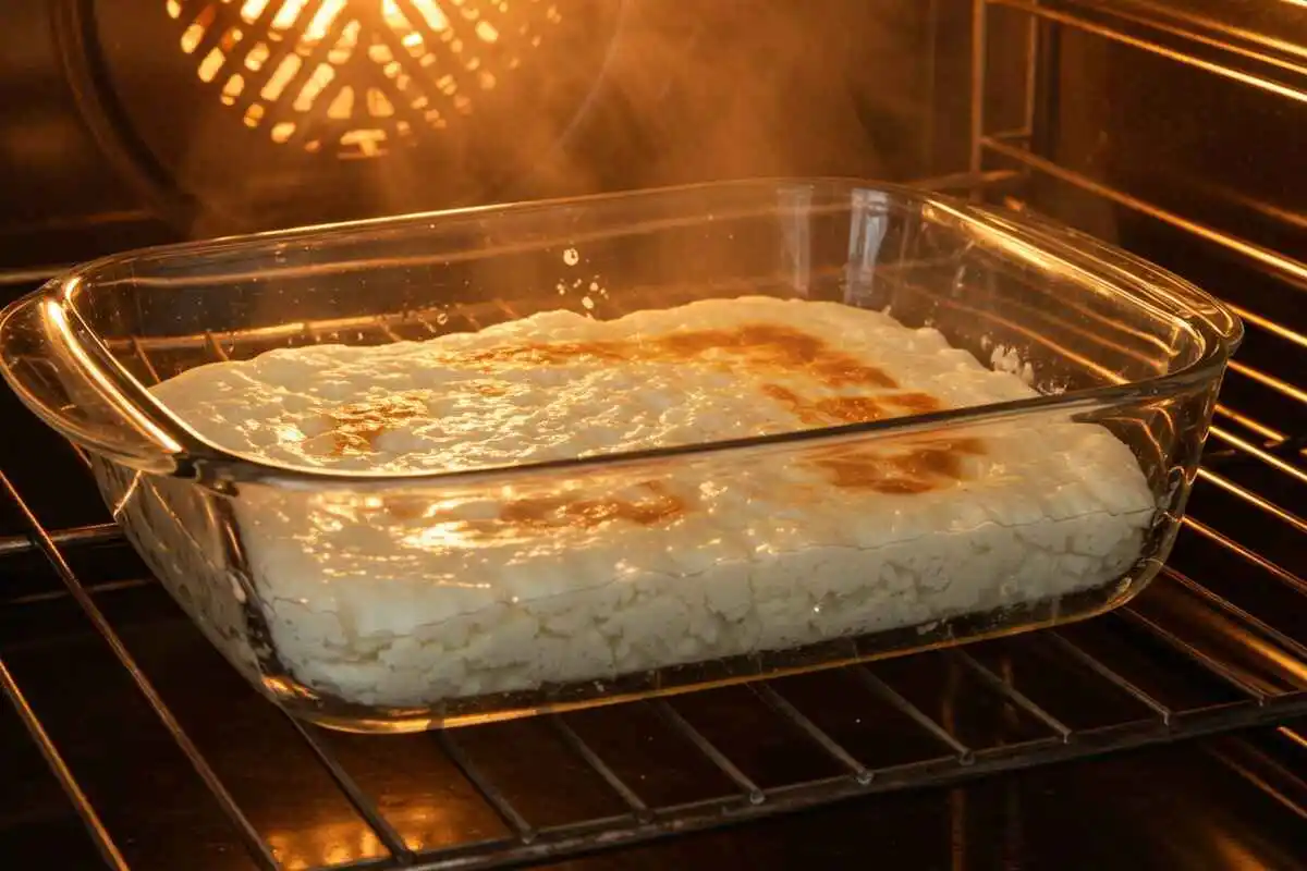 Cottage cheese baking in a glass dish inside the oven.