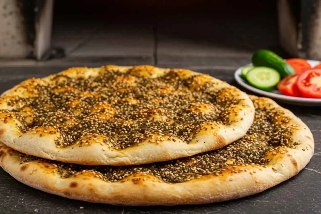 Close-up of freshly baked manakish za’atar with golden crispy crust, topped with za’atar and sesame seeds, served with cucumbers and tomatoes.