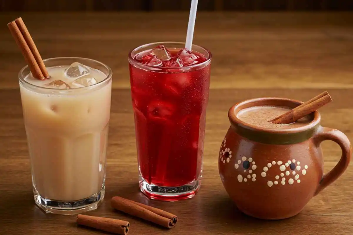 Three traditional Mexican beverages: horchata garnished with cinnamon sticks, a glass of hibiscus agua fresca with ice, and Mexican hot chocolate served in a clay mug, displayed on a wooden table.