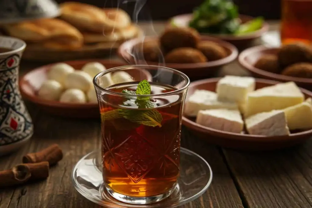  A steaming glass of Lebanese mint tea with fresh mint leaves, served in an elegant Middle Eastern glass with a breakfast spread in the background.