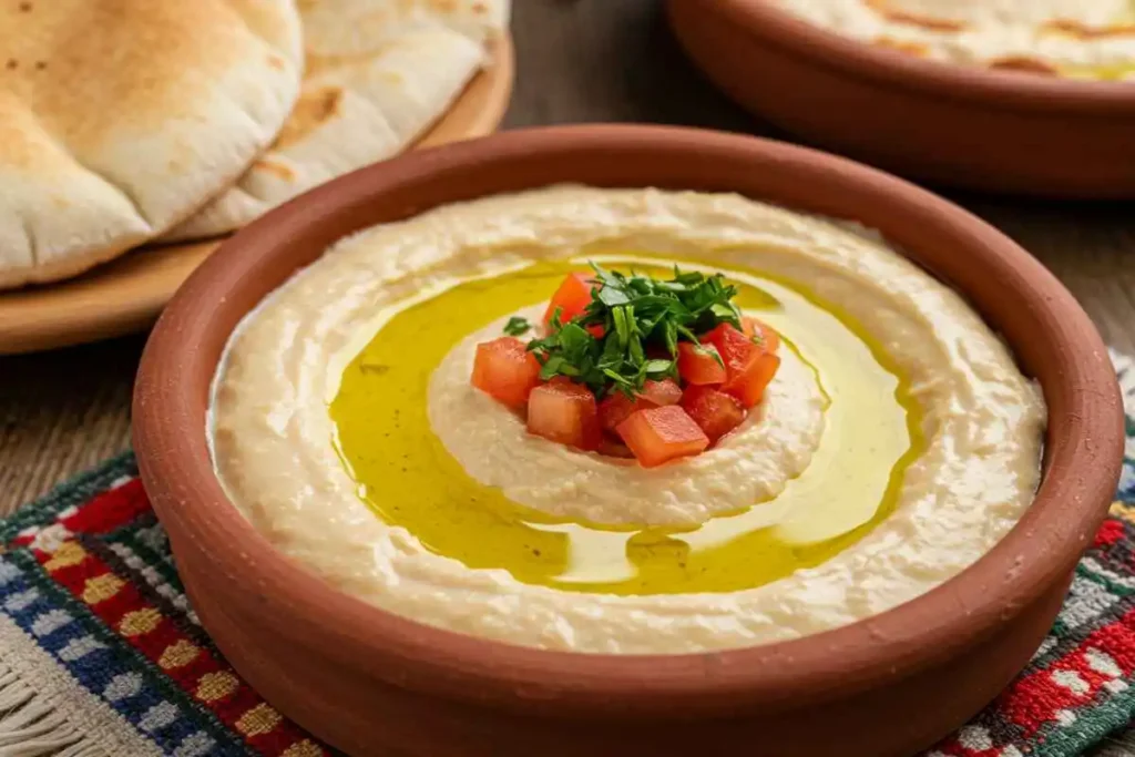 A bowl of ful medames, topped with olive oil, chopped parsley, diced tomatoes, and served with warm pita bread on a rustic wooden table.