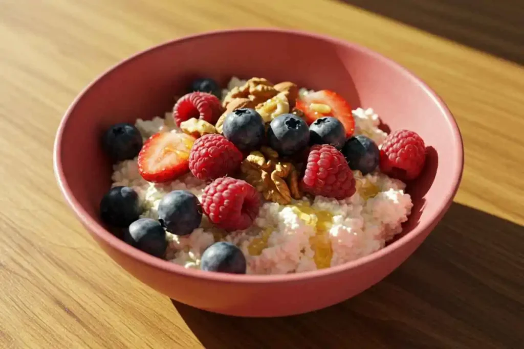  A bowl of cottage cheese topped with fresh strawberries, blueberries, nuts, and a drizzle of honey, served on a wooden table.