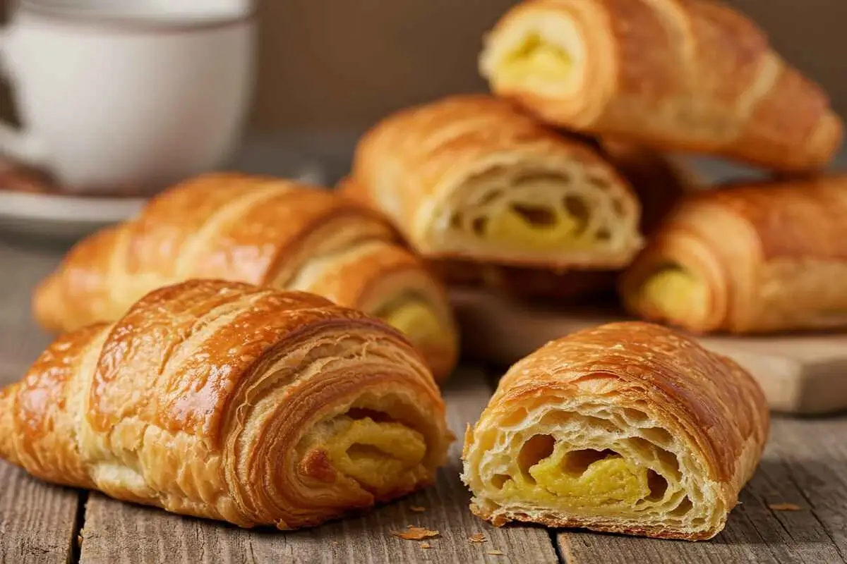 Gipfeli recipe allemand,swiss pastries on a wooden table, golden and flaky.