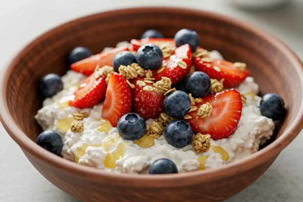 Sweet Cottage Cheese Bowl with Berries and Honey – A Healthy Breakfast Option.